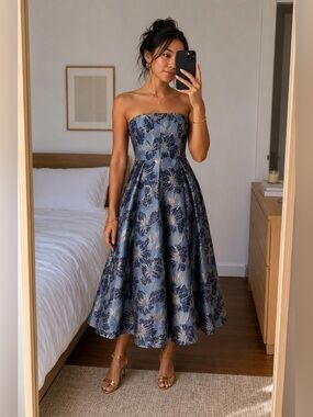 Donna Karan Blue Strapless Floral Jacquard Midi Dress